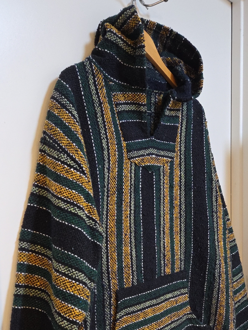 Striped Hooded Pullover Baja Sweatshirt in Black with Green and Mustard